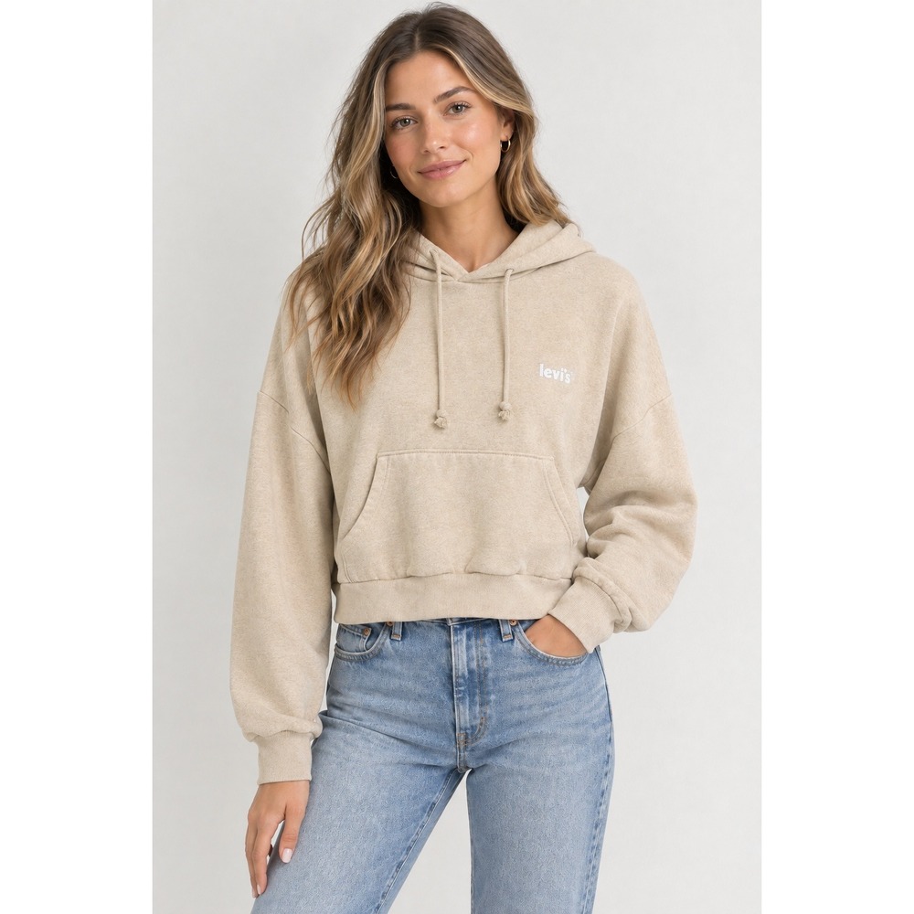 Levi's Cream Neutral Cropped Hoodie Sweatshirt Size L Dropped Shoulder